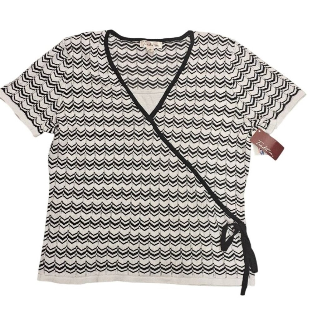 Tradition Womens Black & White Chevron Pattern Top Sz L/G 16 (14-16)